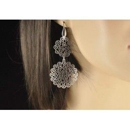 Boucles d'oreilles rondes argent 925 rhodié dentelle