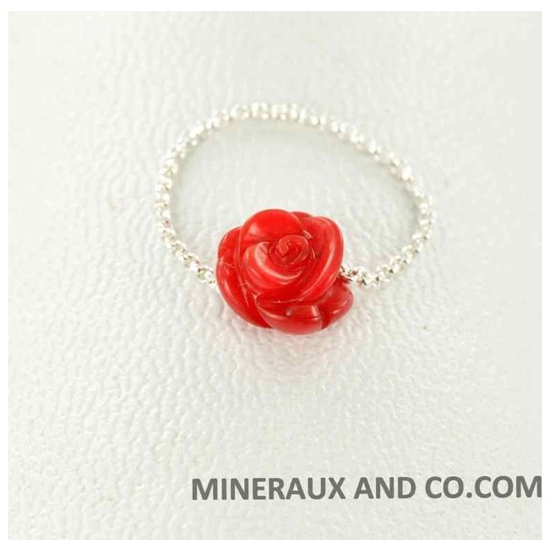 Bague chaîne argent et rose de bambou de mer.