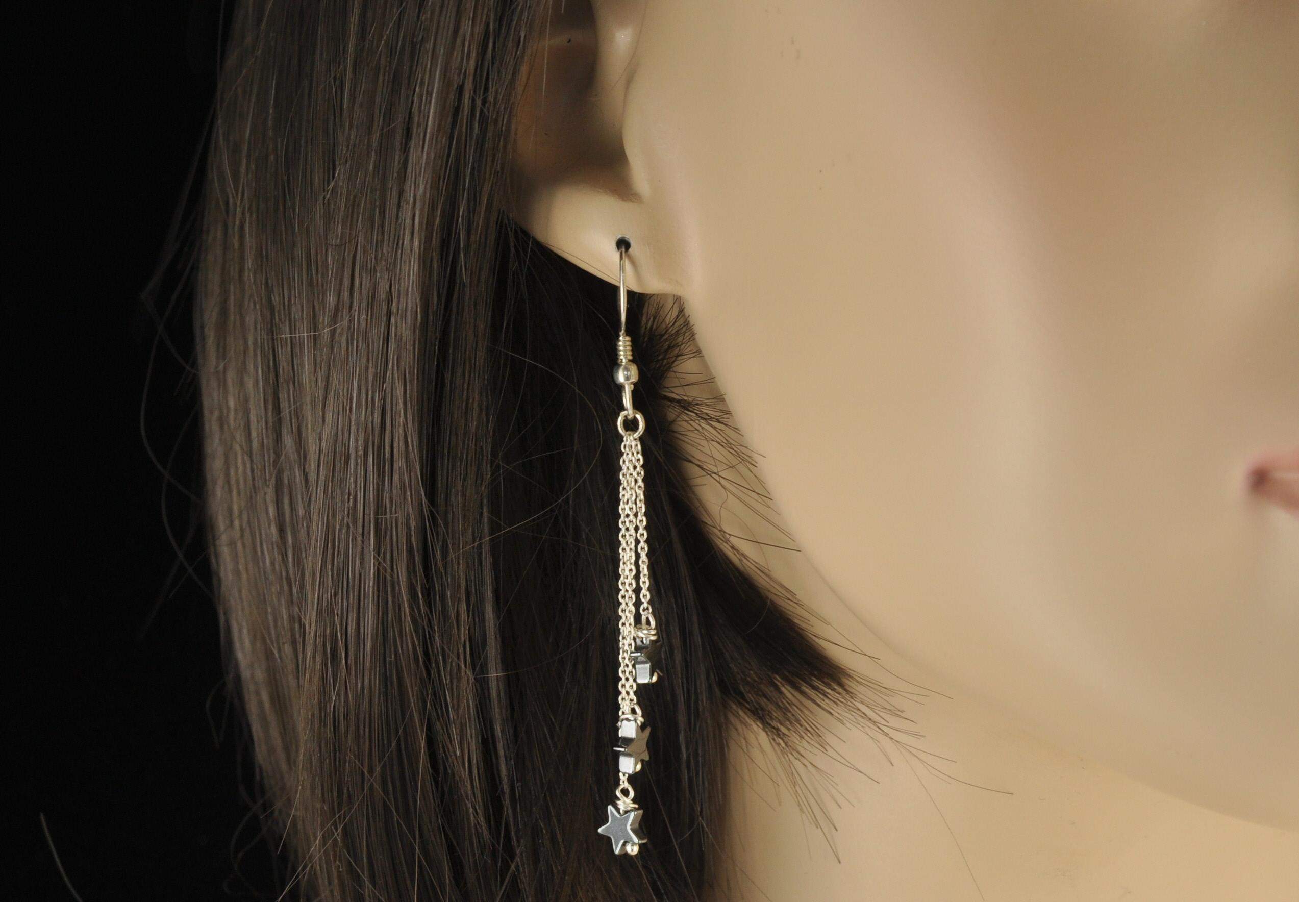 Boucles D'oreilles Argent 925 Avec Pierre Hématite - Cône Gris Métallique - Neuf Sans Emballage