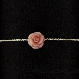 Bracelet chaîne argent 925 et rose de nacre rose.