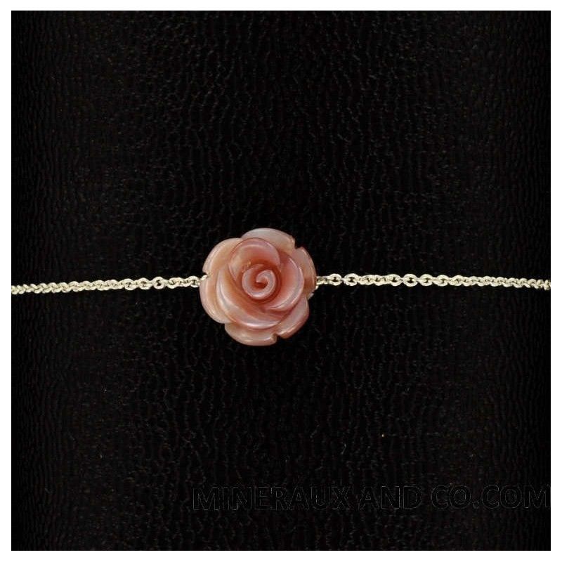 Bracelet chaîne argent 925 et rose de nacre rose.