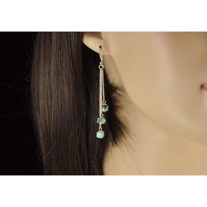 Boucles d'oreilles chaînettes argent et petits carrés en turquoise.