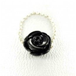 Bague chaîne rose noire argent 925.