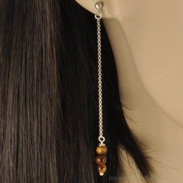 Boucles d'oreilles chaînettes argent perles d'œil de tigre.