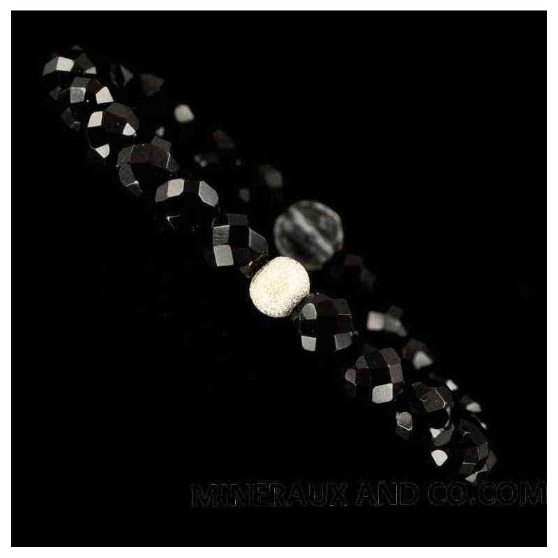 Bracelet perles d'onyx noir, cristal de roche, perle d'argent.