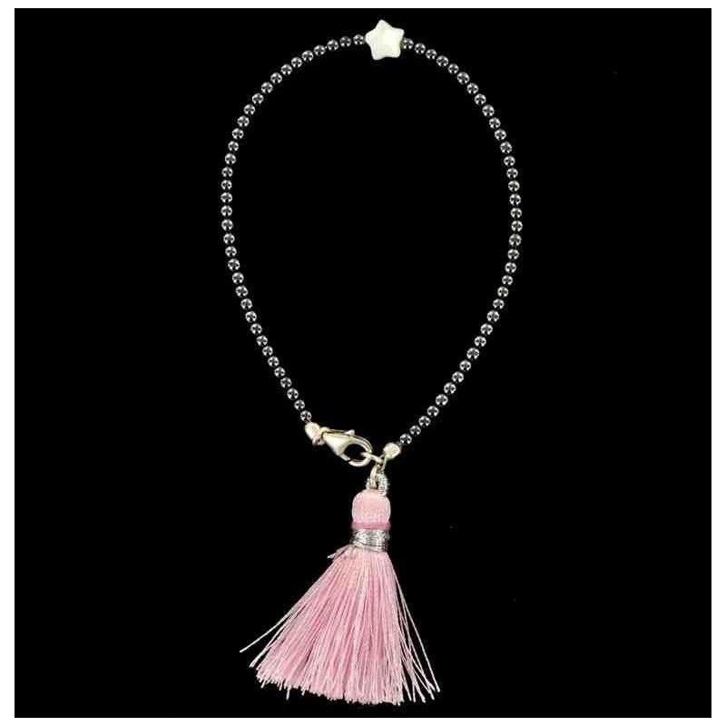 Bracelet perles d'hématite et étoile de nacre avec pompon.