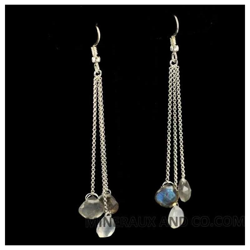 Boucles d'oreilles chaînettes argent 925 et larmes de pierre de lune.