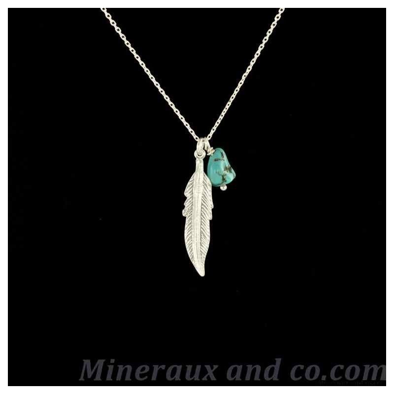 Chaîne et pendentif plume argent et turquoise