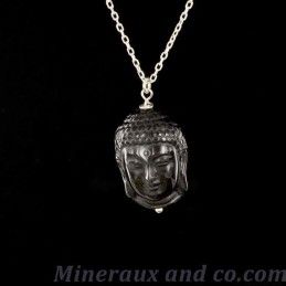 Pendentif bouddha Cambodgien obsidienne céleste et attache argent.