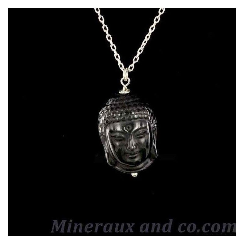 Pendentif bouddha Cambodgien obsidienne céleste et attache argent.