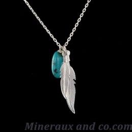 Chaîne et pendentif double plume et turquoise