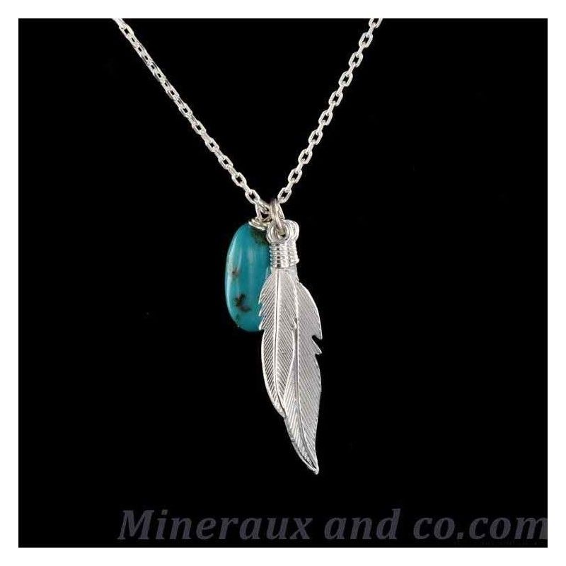 Chaîne et pendentif double plume et turquoise