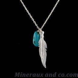 Chaîne et pendentif double plume et turquoise