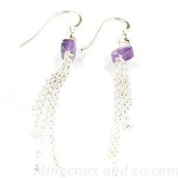 Boucles d' oreilles chaînettes argent et améthyste facettée.