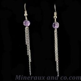 Boucles d' oreilles chaînettes argent et améthyste facettée.