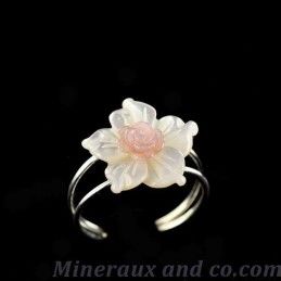 Bague anneau argent fleur nacre blanche et rose.