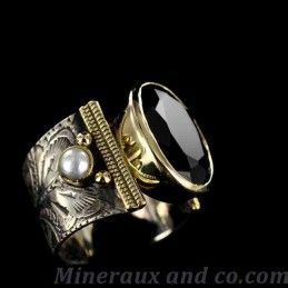 Bague argent bronze pierre noire et perles