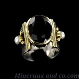 Bague argent bronze pierre noire et perles