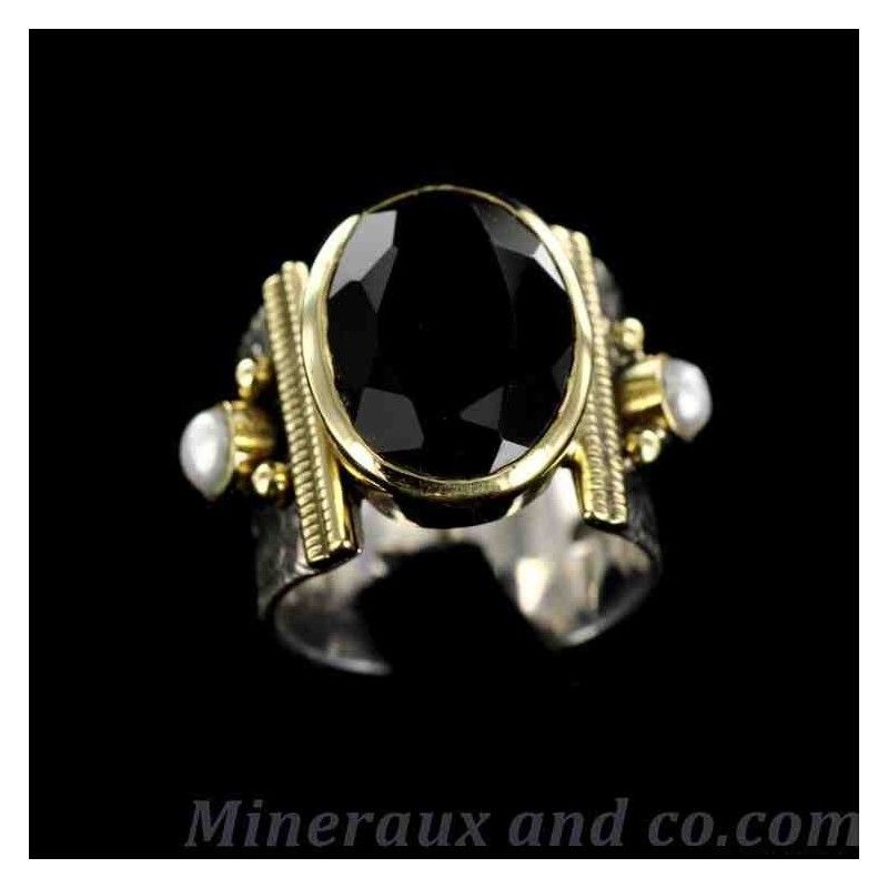 Bague argent bronze pierre noire et perles