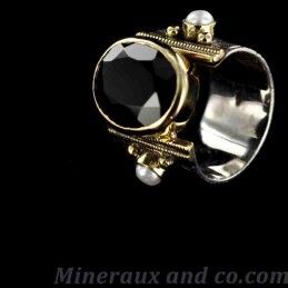 Bague argent bronze pierre noire et perles