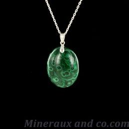 Pendentif cabochon en malachite et chaîne fine argent 925.