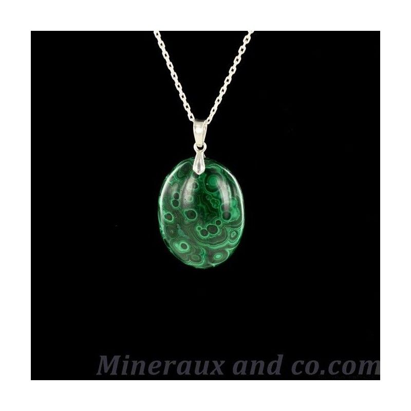 Pendentif cabochon en malachite et chaîne fine argent 925.