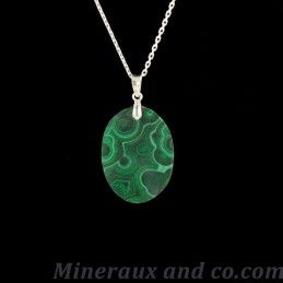 Pendentif cabochon en malachite et chaîne fine argent 925.