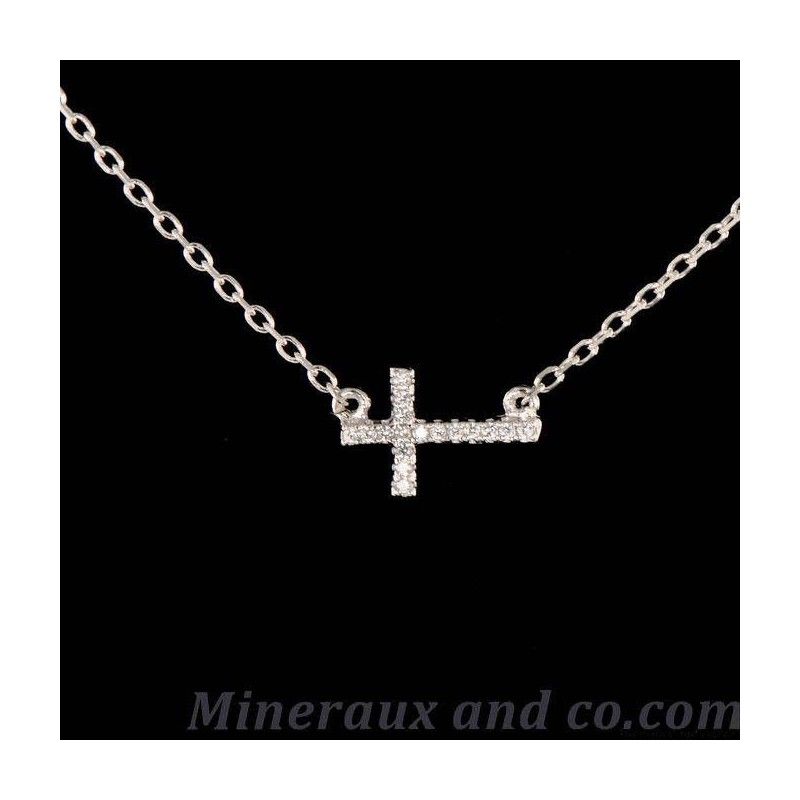 Pendentif croix chaine argent 925 et zirconium.