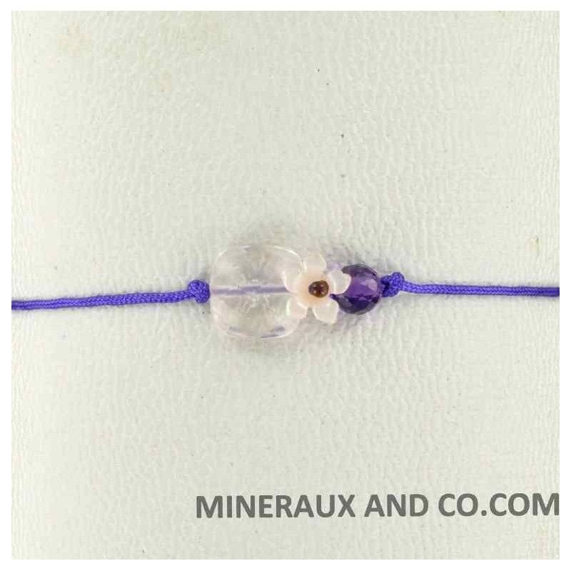 Bracelet quartz rose facetté fleur de nacre rose et cordon violet.