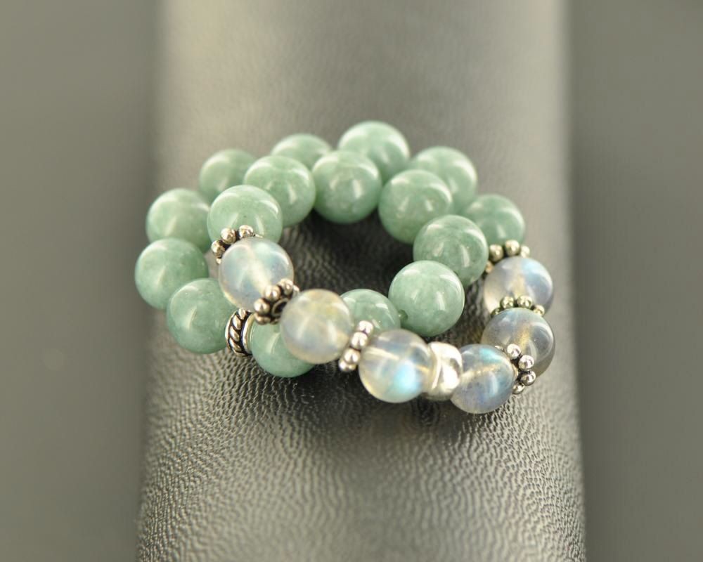 Bracelet Fait Main En Jade Et Fibres Naturelles - Argent Recyclé - Style Boho - 19-20 Cm